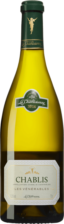 En glasflaska med La Chablisienne Chablis Vénérables 2014, ett vitt vin från Bourgogne i Frankrike