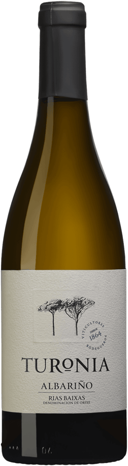 En glasflaska med Quinta de Couselo Turonia Albariño 2023, ett vitt vin från Galicien i Spanien