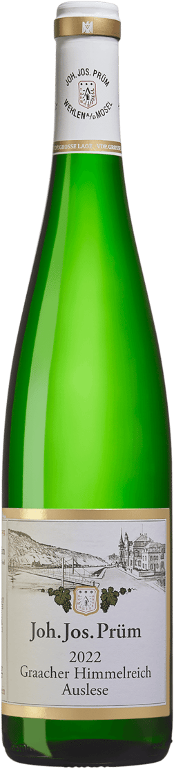 En glasflaska med Joh Jos Prüm Graacher Himmelreich Auslese 2022, ett vitt vin från Mosel i Tyskland