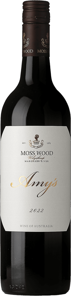 En glasflaska med Moss Wood Amy´s 2022, ett rött vin från Western Australia i Australien
