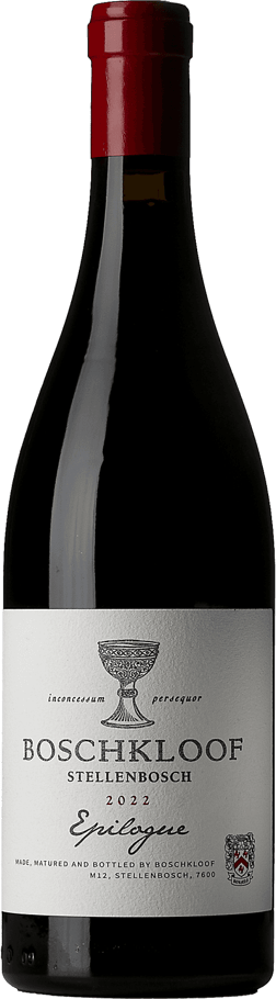 En glasflaska med Boschkloof Epilogue 2022, ett rött vin från Western Cape i Sydafrika