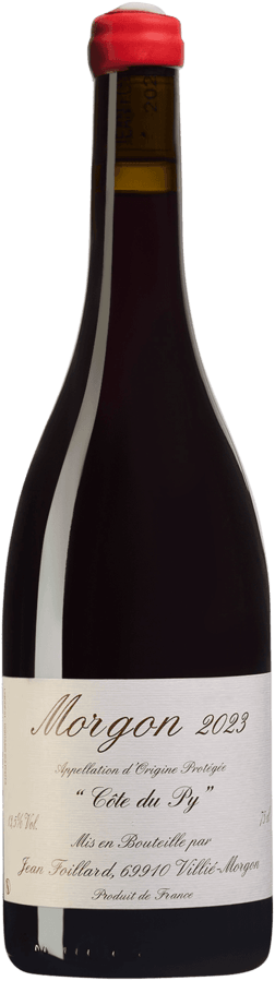 En glasflaska med Jean Foillard Morgon Côte du Py 2022, ett rött vin från Bourgogne i Frankrike