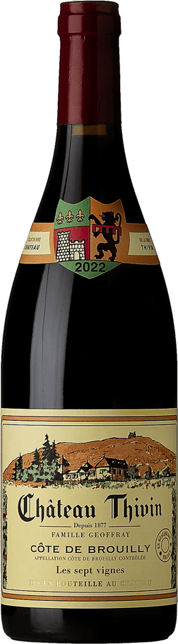 En glasflaska med Château Thivin Côte de Brouilly Les Sept Vignes 2022, ett rött vin från Bourgogne i Frankrike