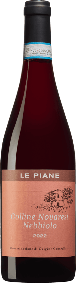En lättare glasflaska med Le Piane Colline Novaresi Nebbiolo 2022, ett rött vin från Piemonte i Italien