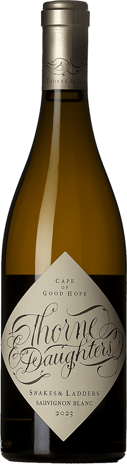 En glasflaska med Thorne & Daughters Snakes & Ladders Sauvignon Blanc 2023, ett vitt vin från Western Cape i Sydafrika