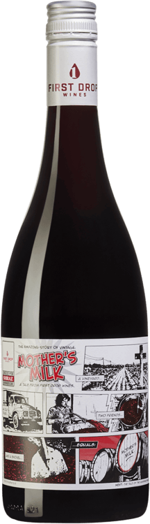 En glasflaska med First Drop Wines Mother’s Milk, ett rött vin från South Australia i Australien
