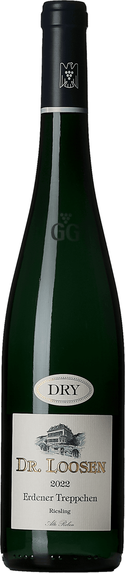 En glasflaska med Dr Loosen Erdener Treppchen Riesling GG Alte Reben 2022, ett vitt vin från Mosel i Tyskland