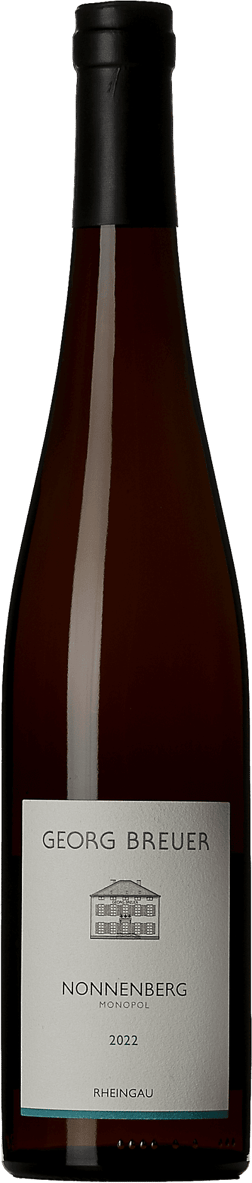 En glasflaska med Georg Breuer Nonnenberg 2022, ett vitt vin från Rheingau i Tyskland