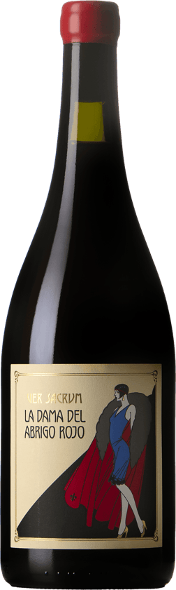 En lättare glasflaska med Ver Sacrum La Dama del Abrigo Rojo 2021, ett rött vin från Cuyo i Argentina