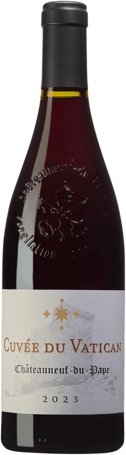 En lättare glasflaska med Cuvée du Vatican Châteauneuf-du-Pape Tradition 2021, ett rött vin från Rhonedalen i Frankrike