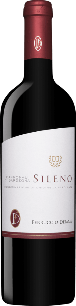 En glasflaska med Ferruccio Deiana Cannonau di Sardegna Sileno 2022, ett rött vin från Sardinien i Italien