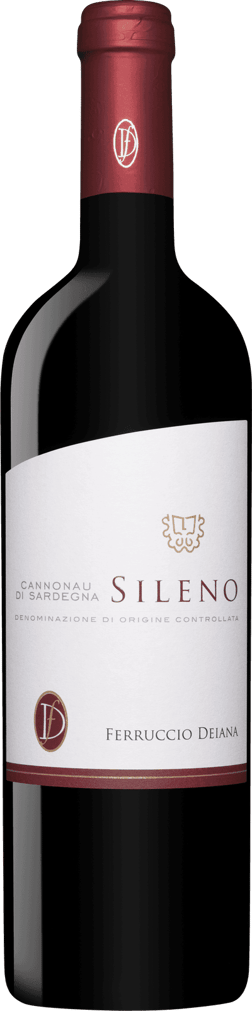 En glasflaska med Ferruccio Deiana Cannonau di Sardegna Sileno 2023, ett rött vin från Sardinien i Italien