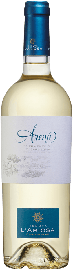 En glasflaska med Tenuta l’Ariosa Vermentino di Sardegna Arenu 2023, ett vitt vin från Sardinien i Italien