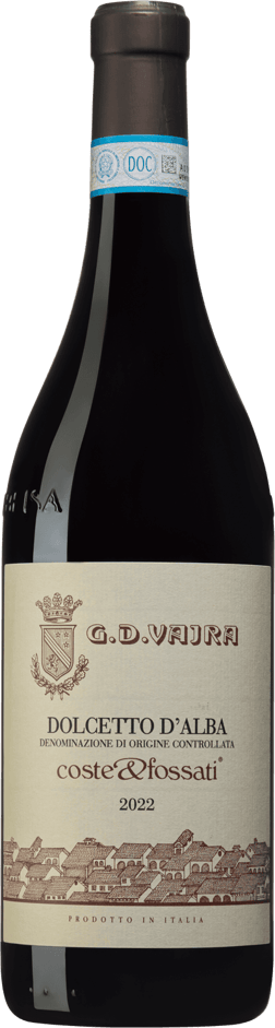 En glasflaska med G.D. Vajra Dolcetto d'Alba Coste & Fossati 2022, ett rött vin från Piemonte i Italien