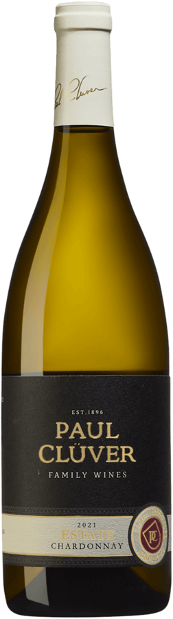 En glasflaska med Paul Clüver Estate Chardonnay 2021, ett vitt vin från Western Cape i Sydafrika