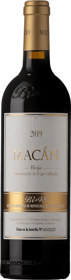 En glasflaska med Macán Bodegas Benjamin de Rothschild Vega Sicilia 2019, ett rött vin från Rioja i Spanien