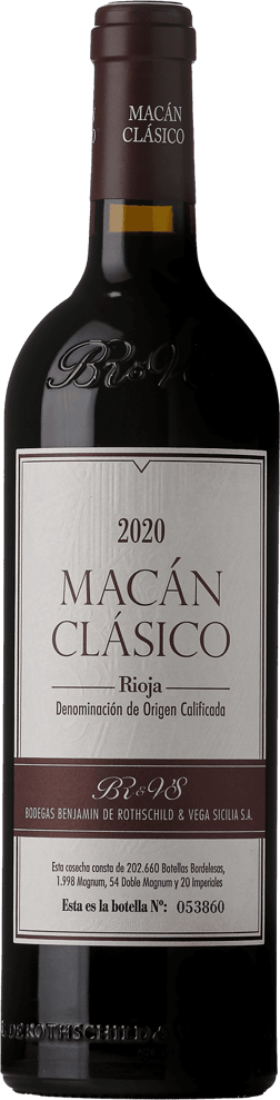 En glasflaska med Macán Clásico Bodegas Benjamin de Rothschild Vega Sicilia 2020, ett rött vin från Rioja i Spanien