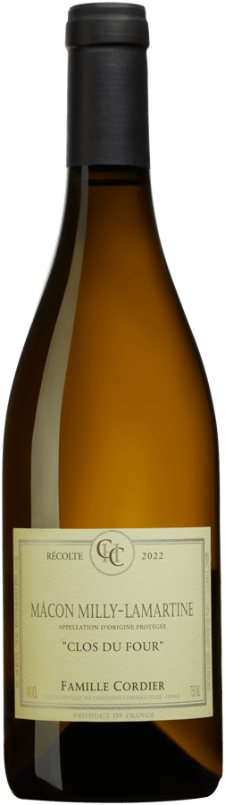 En glasflaska med Domaine Cordier Mâcon-Milly-Lamartine Clos du Four 2023, ett vitt vin från Bourgogne i Frankrike