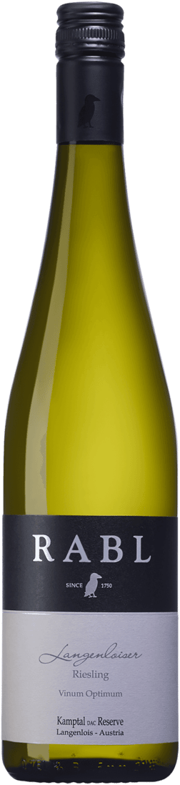 En glasflaska med Rabl Riesling Vinum Optimum 2023, ett vitt vin från Niederösterreich i Österrike