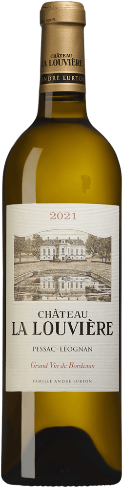 En glasflaska med Vignobles André Lurton Château La Louvière Blanc 2021, ett vitt vin från Bordeaux i Frankrike