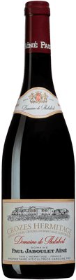 En glasflaska med Paul Jaboulet Domaine de Thalabert Crozes Hermitage, ett rött vin från Rhonedalen i Frankrike