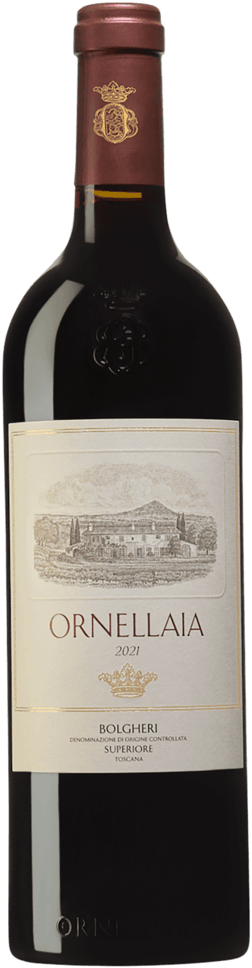 En glasflaska med Ornellaia 2021, ett rött vin från Toscana i Italien