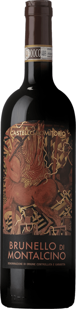 En glasflaska med Castello Romitorio Brunello di Montalcino 2019, ett rött vin från Toscana i Italien