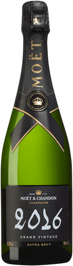 En lättare glasflaska med Moët & Chandon Grand Vintage Extra Brut 2016, ett champagne från Champagne i Frankrike