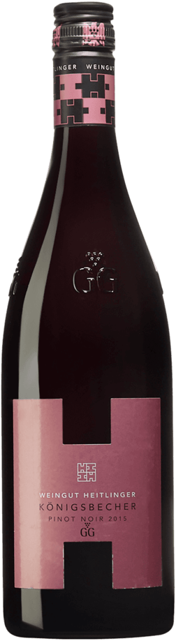 En glasflaska med Weingut Heitlinger Königsbecher Pinot Noir GG 2015, ett rött vin från Baden i Tyskland