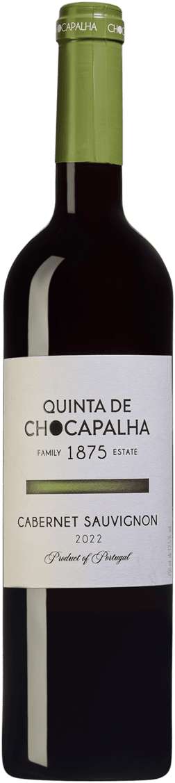 En lättare glasflaska med Quinta de Chocapalha Cabernet Sauvignon 2021, ett rött vin från Lisboa i Portugal