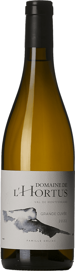 En glasflaska med Domaine de l'Hortus Grande Cuvee 2022, ett vitt vin från Languedoc-Roussillon i Frankrike