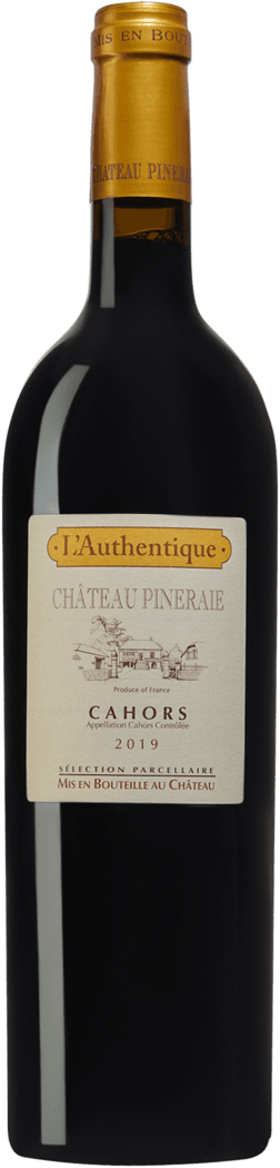 En glasflaska med Château Pineraie L'Authentique 2019, ett rött vin från Frankrike sydväst i Frankrike