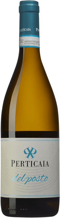 En glasflaska med Perticaia Trebbiano Spoletino del Posto 2022, ett vitt vin från Umbrien i Italien