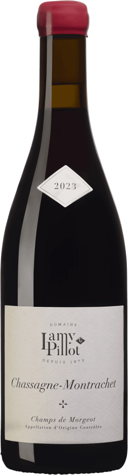En glasflaska med Domaine Lamy-Pillot Chassagne-Montrachet Champs de Morgeot Rouge 2023, ett rött vin från Bourgogne i Frankrike