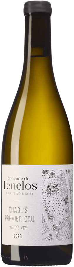 En glasflaska med Domaine de l'Enclos Premier Cru Vau du Vey 2023, ett vitt vin från Bourgogne i Frankrike