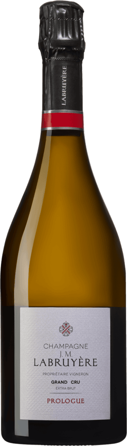 En glasflaska med J.M. Labruyère Prologue, ett champagne från Champagne i Frankrike