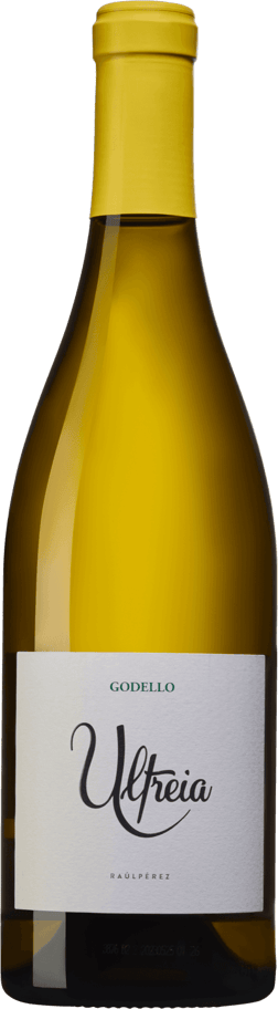 En glasflaska med Raúl Pérez Ultreia Godello 2021, ett vitt vin från Kastilien-León i Spanien