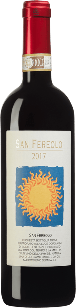 En glasflaska med San Fereolo 2017, ett rött vin från Piemonte i Italien