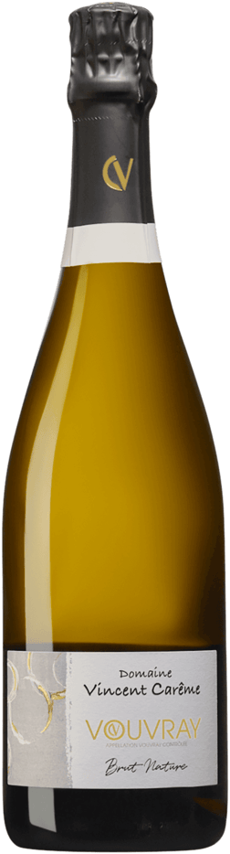 En glasflaska med Domaine Vincent Careme Vouvray Brut Nature 2022, en mousserande från Loiredalen i Frankrike