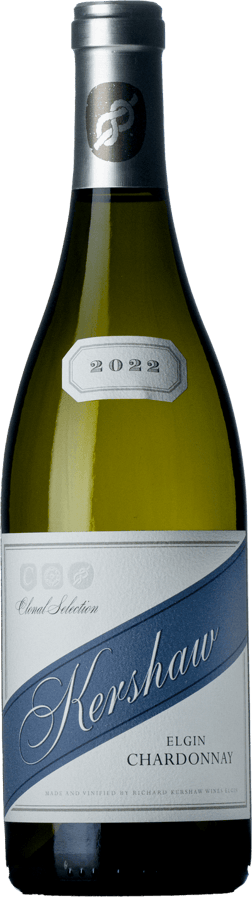 En glasflaska med Kershaw Wines Clonal Selection Chardonnay 2022, ett vitt vin från Western Cape i Sydafrika