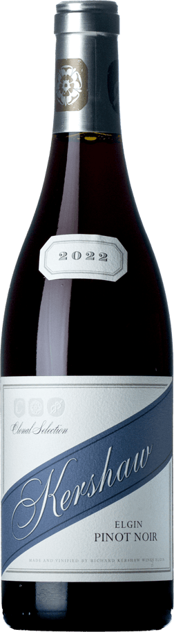 En glasflaska med Kershaw Wines Clonal Selection Pinot Noir 2022, ett rött vin från Western Cape i Sydafrika