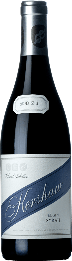 En glasflaska med Kershaw Wines Clonal Selection Syrah 2021, ett rött vin från Western Cape i Sydafrika