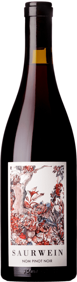 En glasflaska med Saurwein Nom Pinot Noir 2023, ett rött vin från Western Cape i Sydafrika