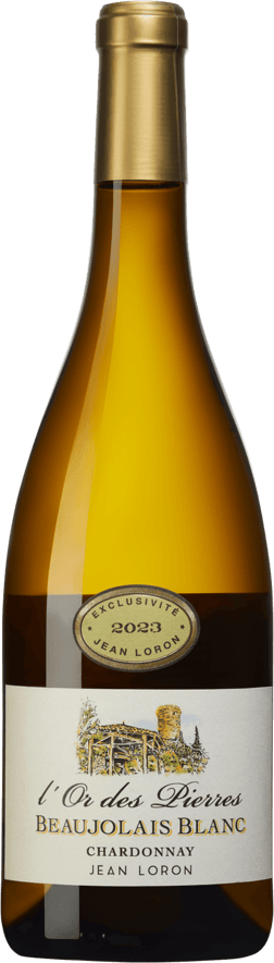 En glasflaska med Maison Jean Loron Beaujolais Blanc 2023, ett vitt vin från Bourgogne i Frankrike