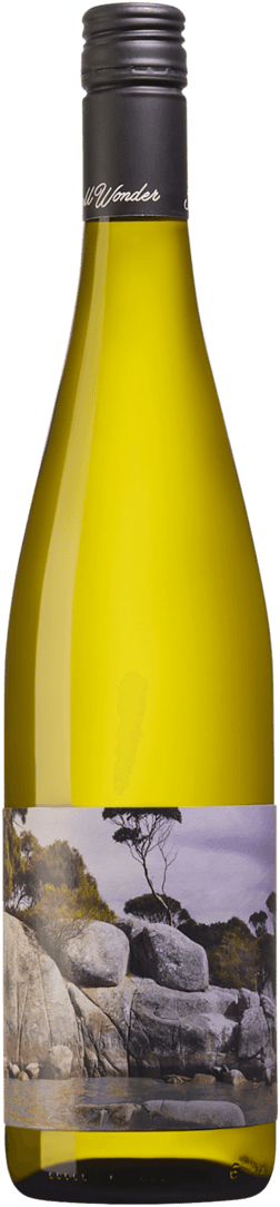 En glasflaska med Small Wonder Riesling 2023, ett vitt vin från Tasmanien i Australien