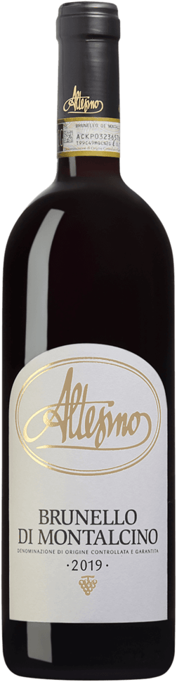 En glasflaska med Altesino Brunello di Montalcino 2019, ett rött vin från Toscana i Italien