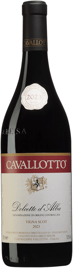 En lättare glasflaska med Cavallotto Dolcetto d'Alba Vigna Scot 2023, ett rött vin från Piemonte i Italien