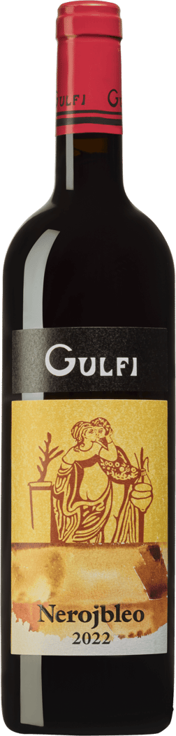 En glasflaska med Gulfi Nerojbleo 2020, ett rött vin från Sicilien i Italien