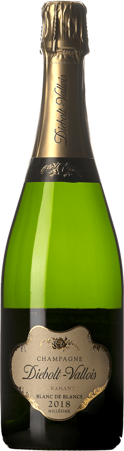 En glasflaska med Diebolt Vallois Blanc de Blancs Millésimé 2018, ett champagne från Champagne i Frankrike
