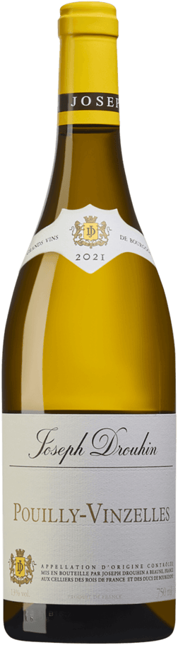 En glasflaska med Joseph Drouhin Pouilly-Vinzelles 2021, ett vitt vin från Bourgogne i Frankrike